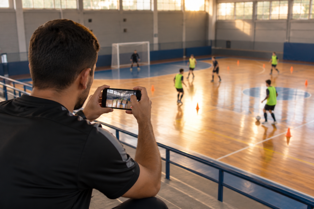 Como ser treinador de futsal: Auxiliar técnico de futsal filma treino com celular da arquibancada central de um ginásio, registrando a movimentação dos jogadores em quadra